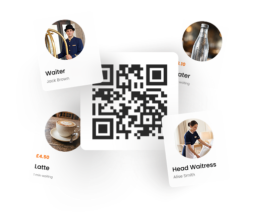 Table QR code surrounded by staff and menu item cards