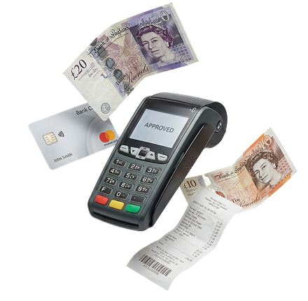 Card machine showing Approved, with cash, contactless card and printed receipt