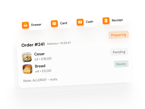Kitchen ticket with till options — drawer, card, cash, receipt